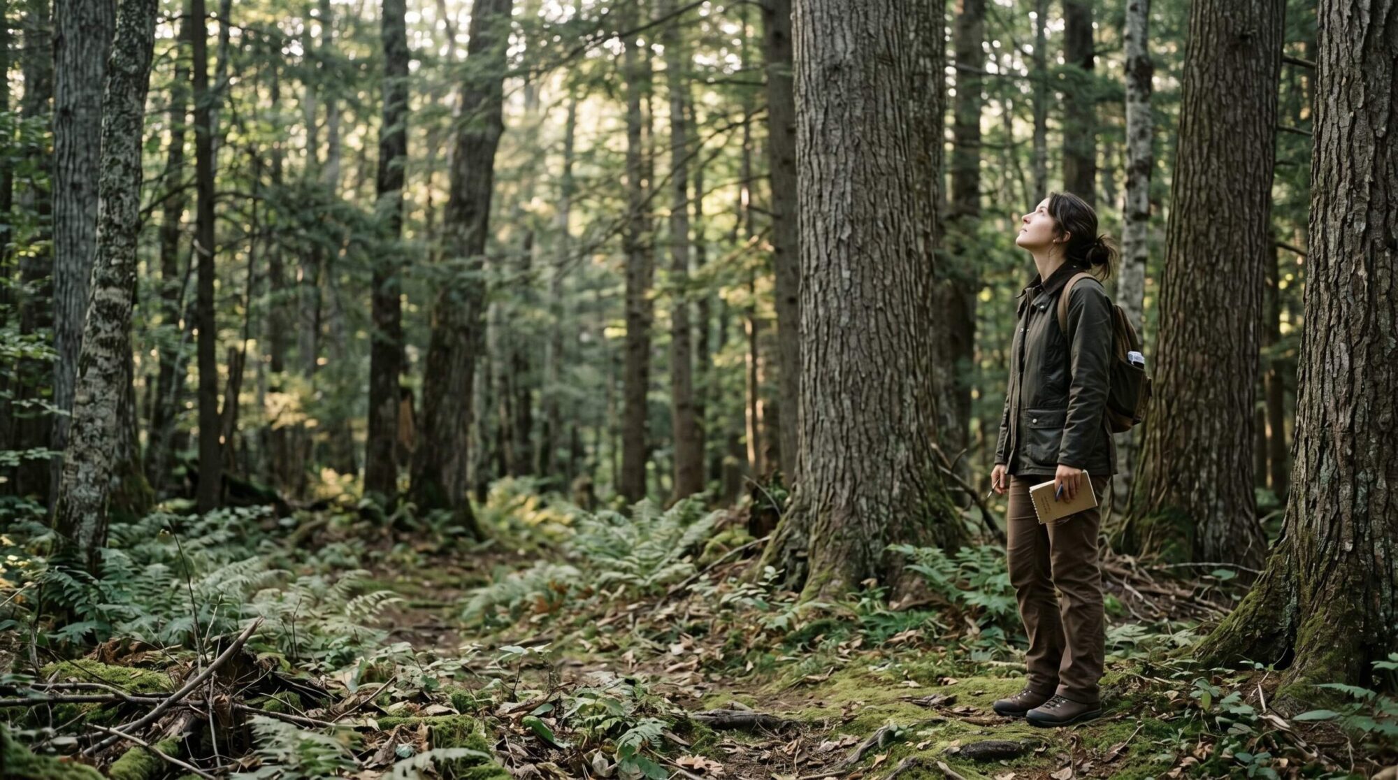 a temperate forest with tall, mature trees and a soft, moss-covered forest floor. Natural morning light filtering through the canopy. Subtle human presence — a researcher or walker standing slightly right of center, looking into the forest.