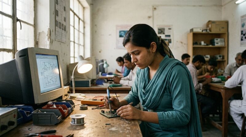 a young woman in South Asia participating in a practical skills training session, working at a computer or technical station in a modest training center.