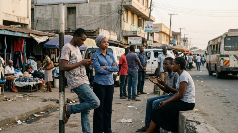 an African city showing young people gathered in a public space near a bus stop, market edge, or urban square, some looking at phones, some talking, some waiting.