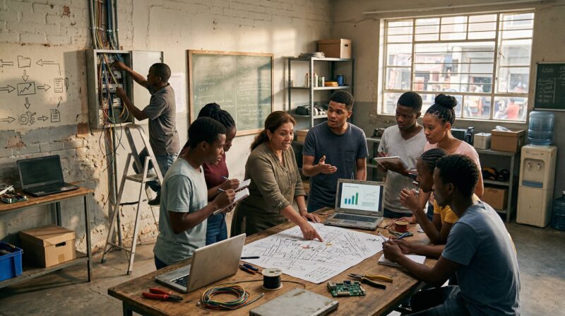 a modest public institution or community-based learning environment in the Global South — for example, a classroom, municipal training room, or alternative learning center — where young people and an instructor or facilitator are in active discussion.