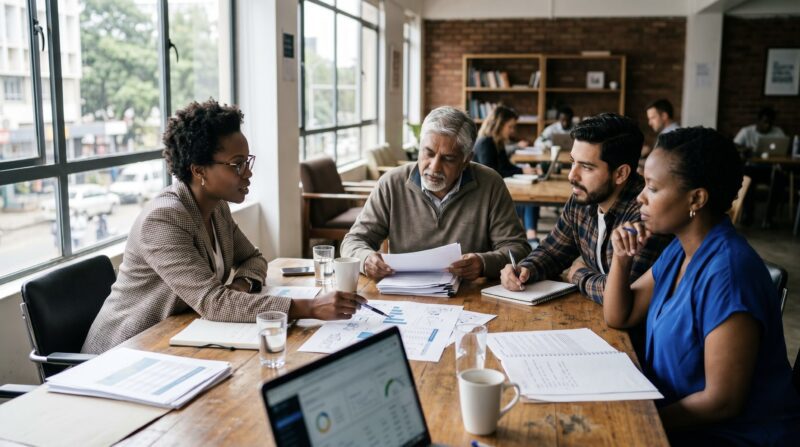a small group of impact investors in a discussion setting reviewing deal terms — diverse participants, papers and financial charts on table, informal but focused environment