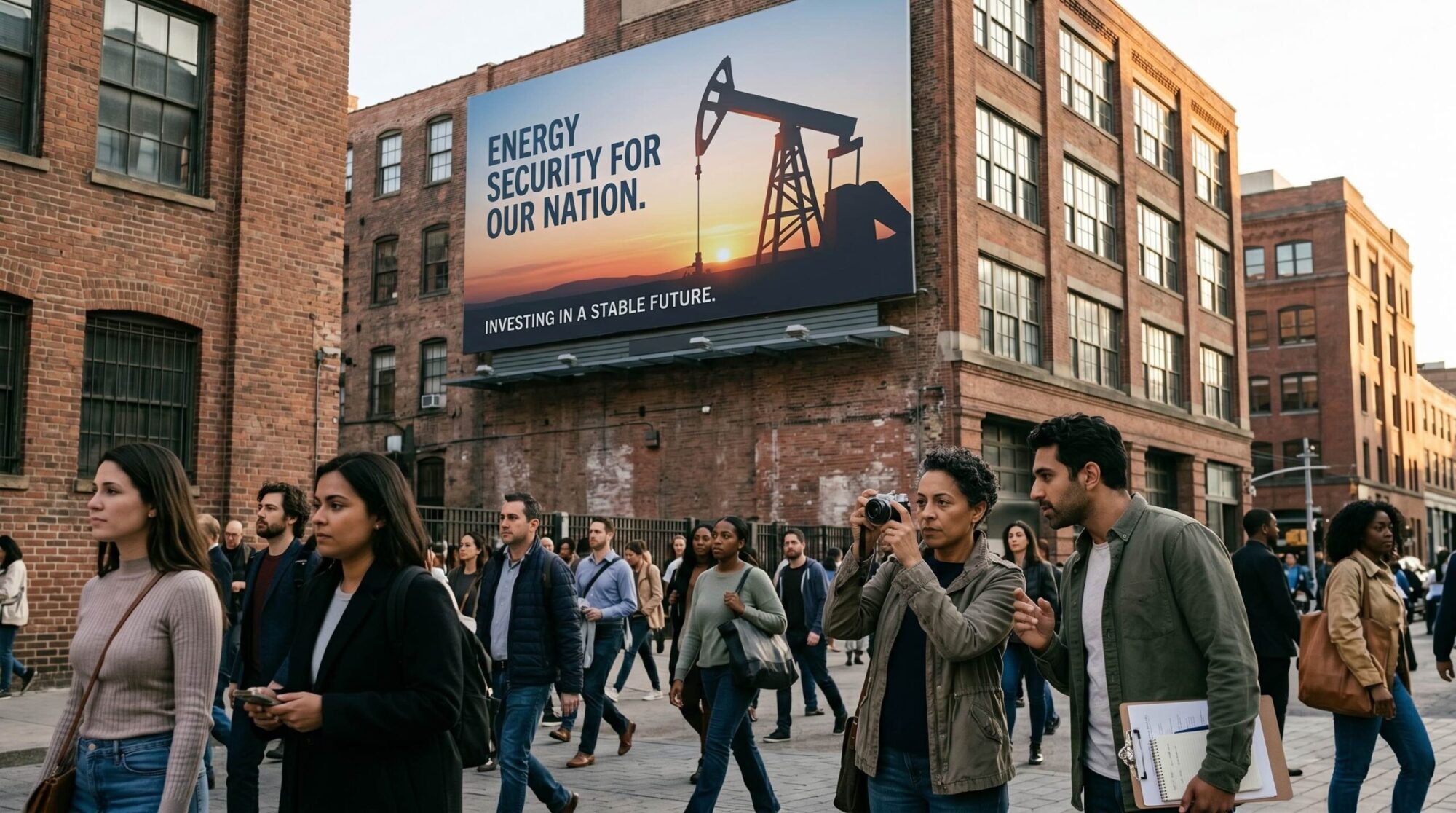 street-level urban scene showing a large oil-company style billboard about “energy security” towering above pedestrians