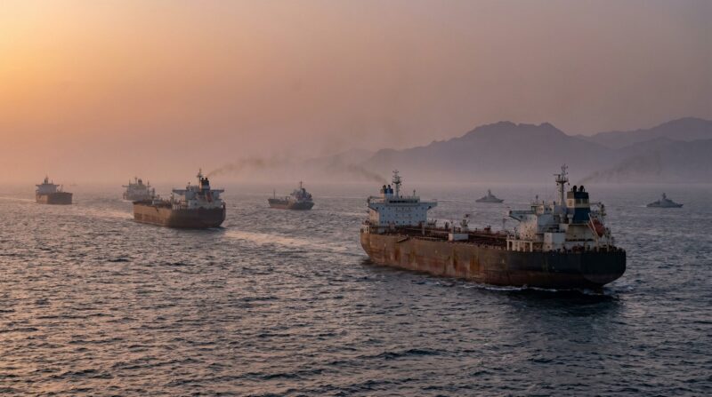 Strait of Hormuz shipping corridor at dusk, commercial tankers moving through tense waters under hazy light, distant patrol vessels barely visible, atmosphere of fragility rather than spectacle