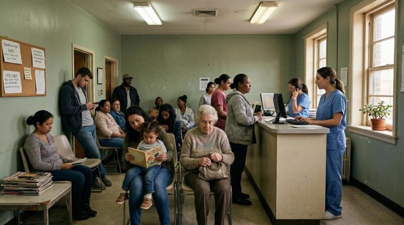 a community health clinic in an underserved American neighborhood, nurses and patients in a waiting room, modest but caring environment