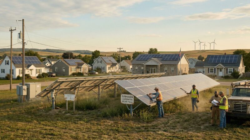 distributed renewable energy landscape in a small town or rural community, solar cooperative array and nearby homes or municipal buildings, workers maintaining equipment, grounded infrastructure
