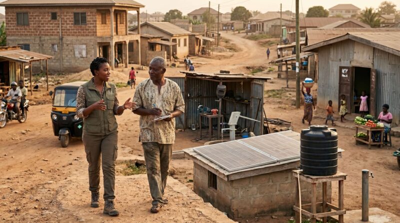 a social entrepreneur and municipal partner walking along the edge of a developing urban area — visible infrastructure such as small-scale energy systems, water facilities