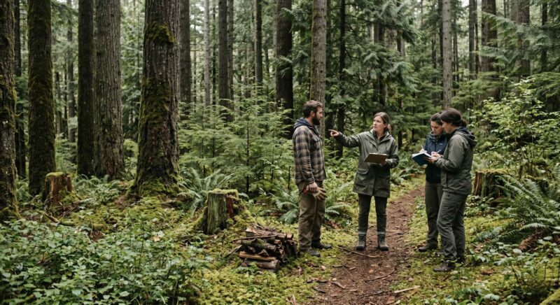 a forest restoration project in the Pacific Northwest: forestry workers and land managers examining a mixed-age forest with evidence of sustainable management, longer rotations, and ecological restoration. 