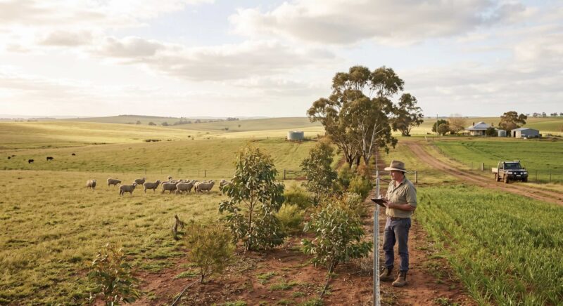 Australian farmland with native tree plantings integrated into a working agricultural landscape. 