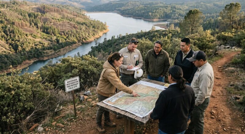 a watershed and forest restoration landscape in California: a river or reservoir downstream from treated forest lands, with conservation workers, utility representatives, or local partners gathered on a ridge reviewing restoration plans. 