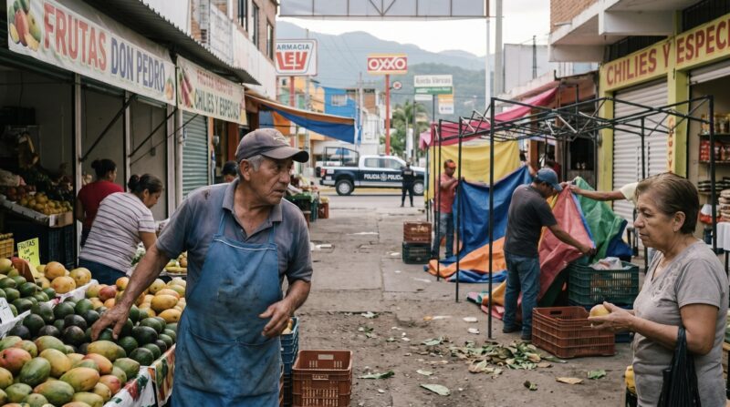 Shopkeeper and shopper in Mexican outdoor market with police car in distance