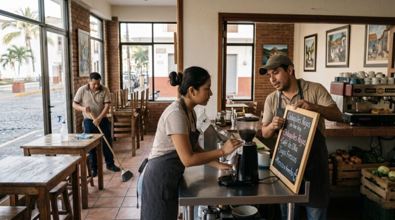 Mexican workers in coffee shop