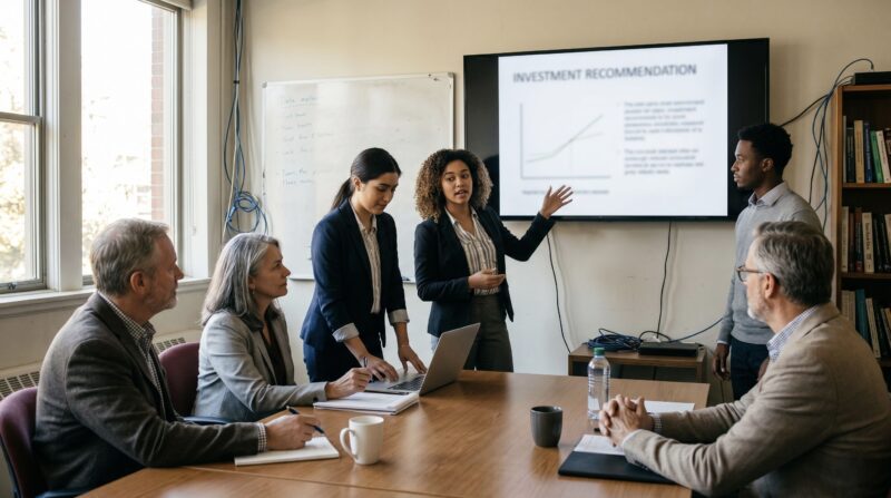 Students making a presentation to several professors