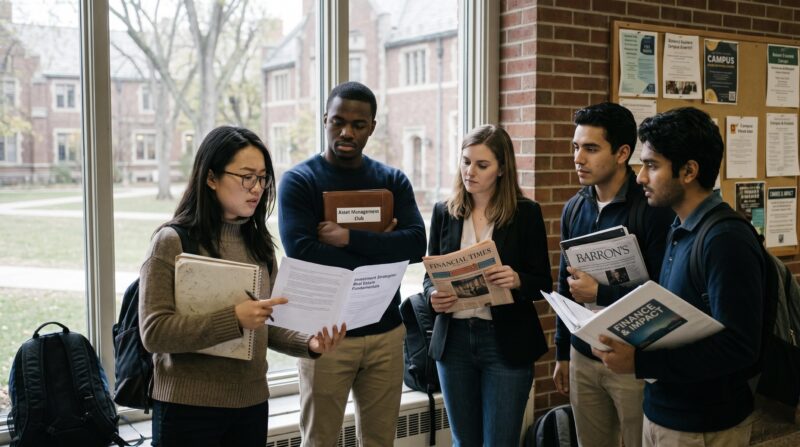 Undergraduate students talking in hall between classes