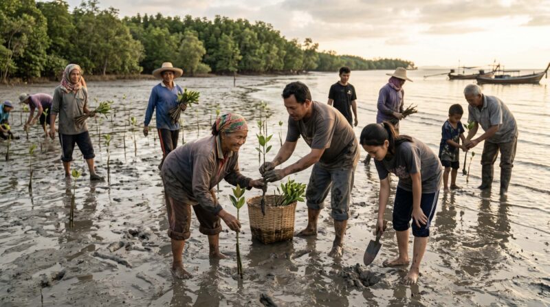 Community members restoring mangroves or working in shallow coastal waters.