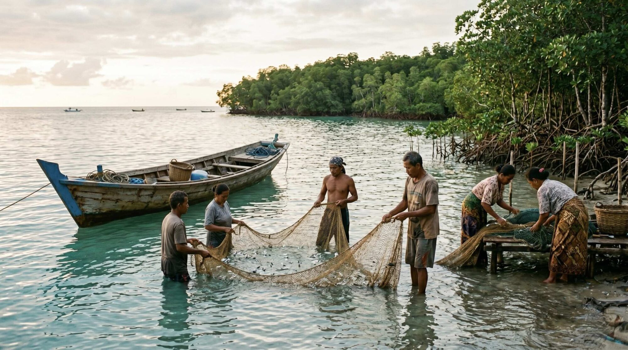 small-scale fishers or coastal community members working in or near mangroves, tidal flats, or reef-adjacent waters — conveying both livelihood dependence and ecological stewardship.