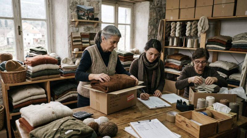 a small fair trade textile enterprise in the Balkans, with folded knitwear, yarn, order sheets, and women preparing handmade products for shipment.