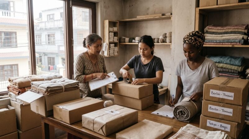 packaged handmade textile goods being prepared for export, with boxes, order forms, fabric labels, and a small team reviewing shipments.