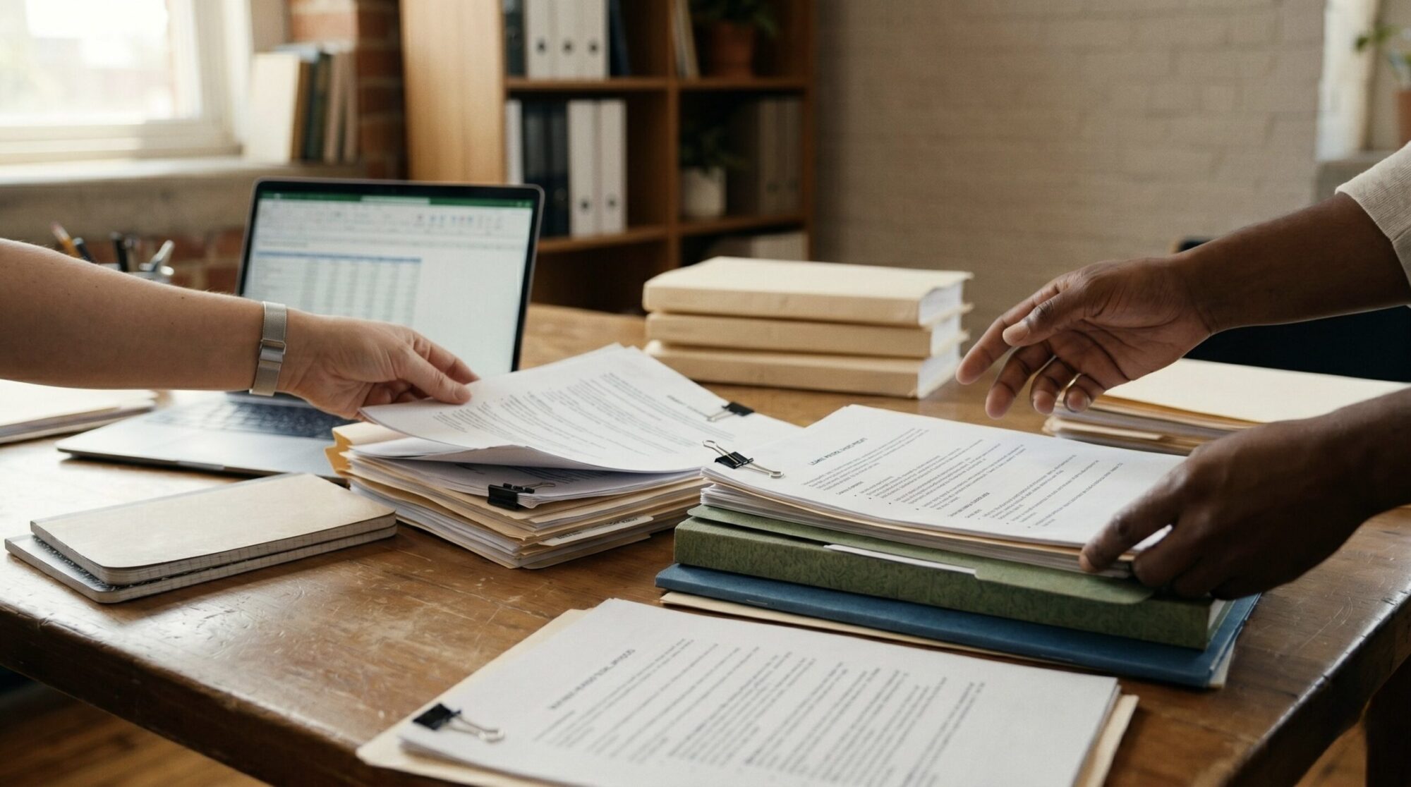 a close-up of hands sorting grant, loan, and investment documents across a table, with a laptop and simple folders nearby.