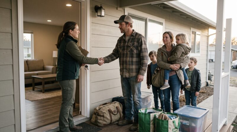 family arrives at temporary housing after displacement