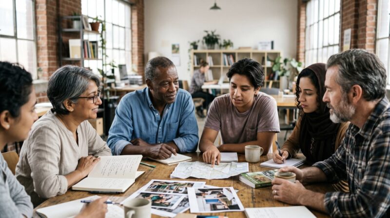 A diverse group meets around a table in a community workspace to discuss shared investment opportunities.