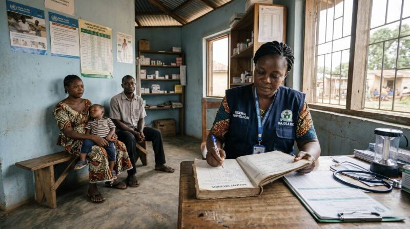 a Nigerian health worker reviewing patient notes at a small primary care clinic while a family waits nearby
