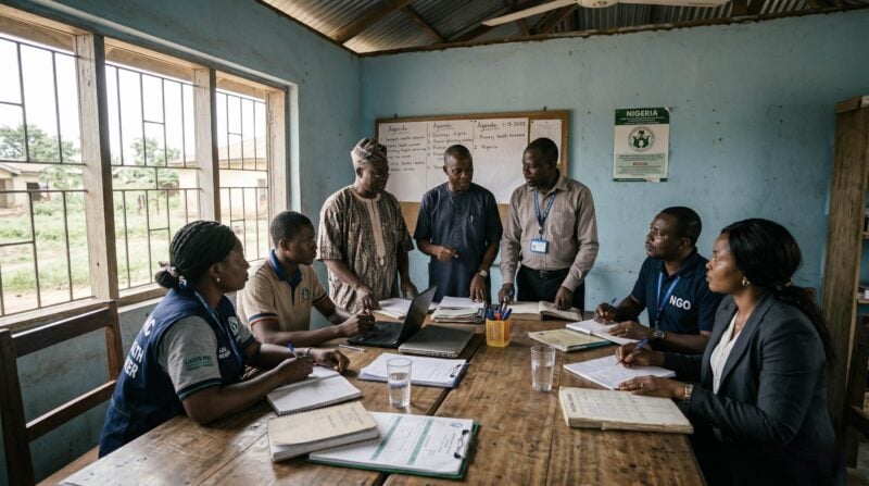 local health administrators, community health workers, and civil society partners inside a modest clinic office in Nigeria