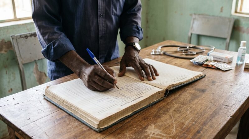 a community health worker’s hands holding a patient register and pen on a wooden desk in a rural Nigerian clinic