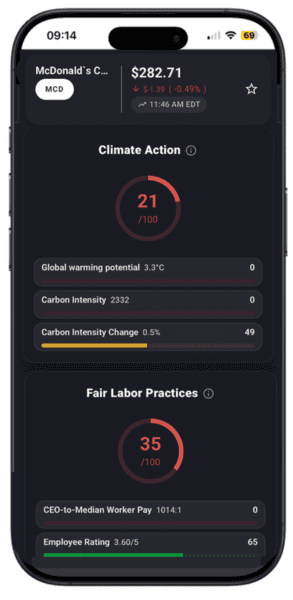 Climate action score displayed on mobile, showing example for McDonald’s.