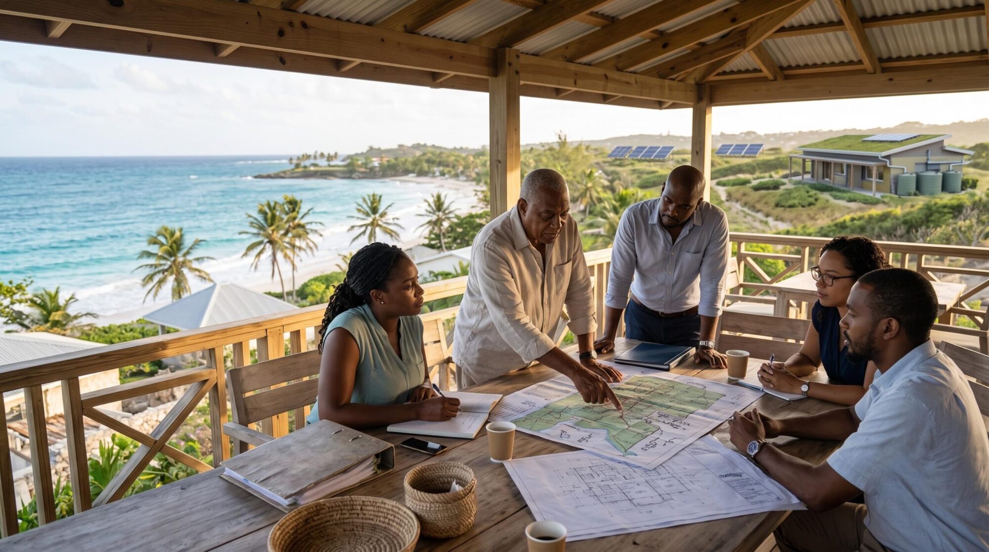 Group of island professionals studying maps with ocean in background