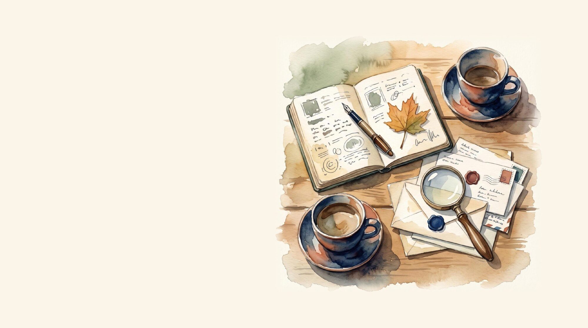 Watercolor painting of a field manual and explorer's tools on wood desk
