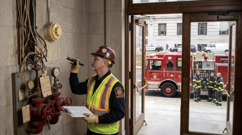 A fire inspector examines aging electrical wiring and fire-suppression equipment inside a public building as fire trucks and emergency personnel wait outside.