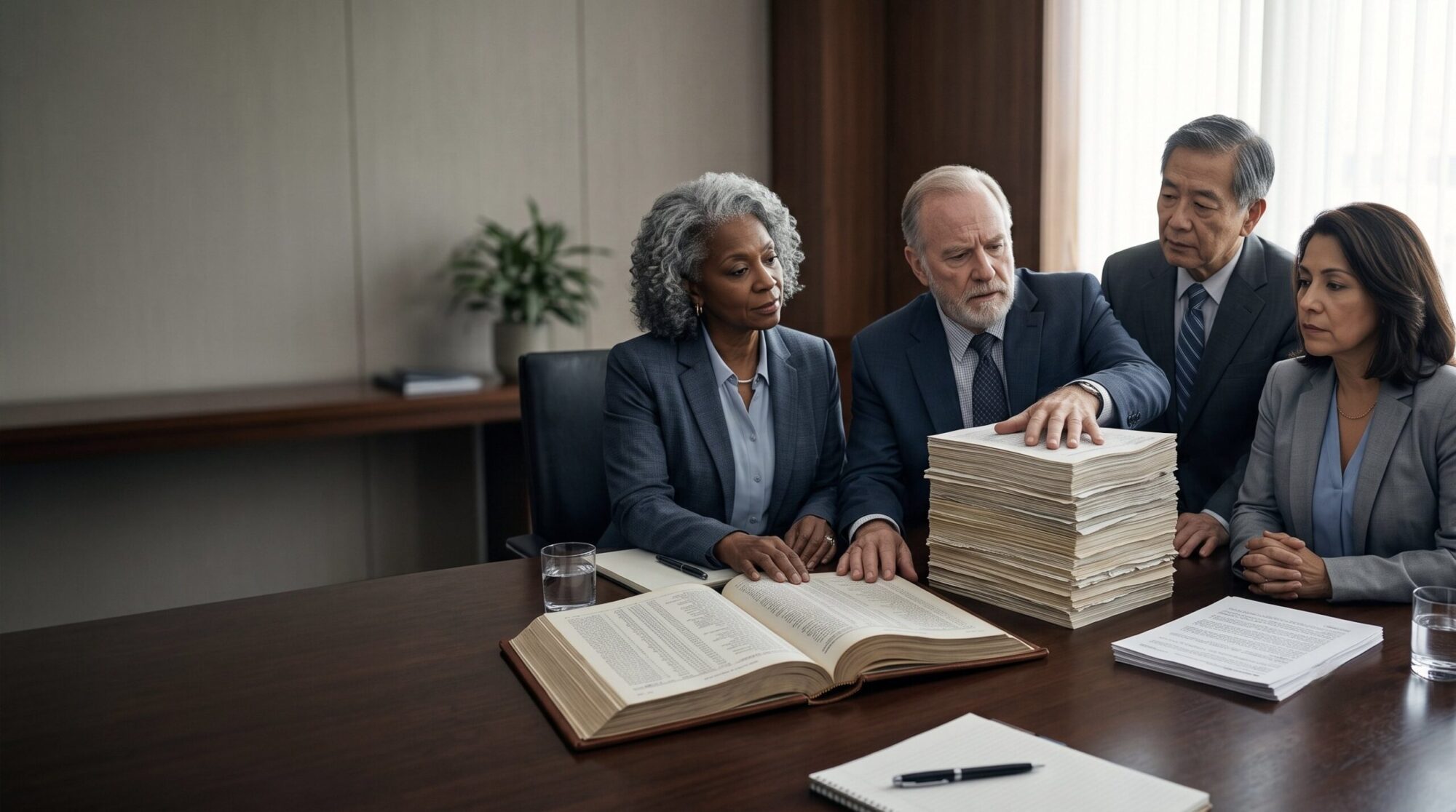 Institutional leaders review paper budgets at a conference table, with one large stack of security-response documents and a much smaller prevention stack.
