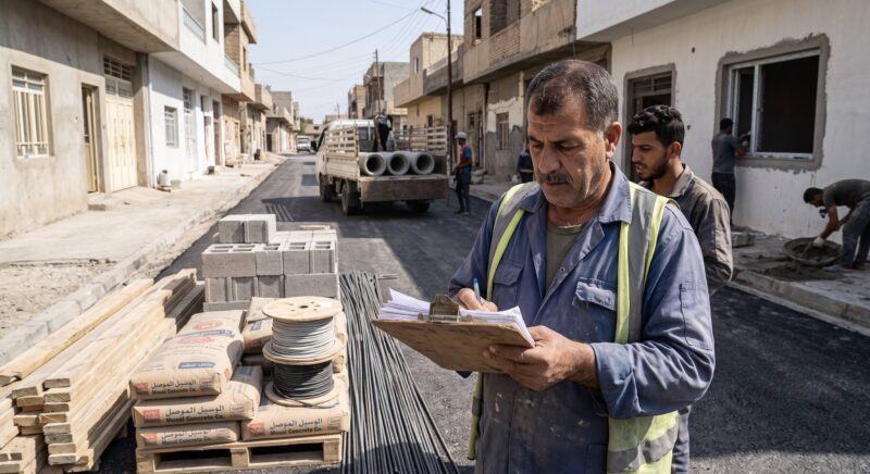 Iraqi worker taking notes outside on street