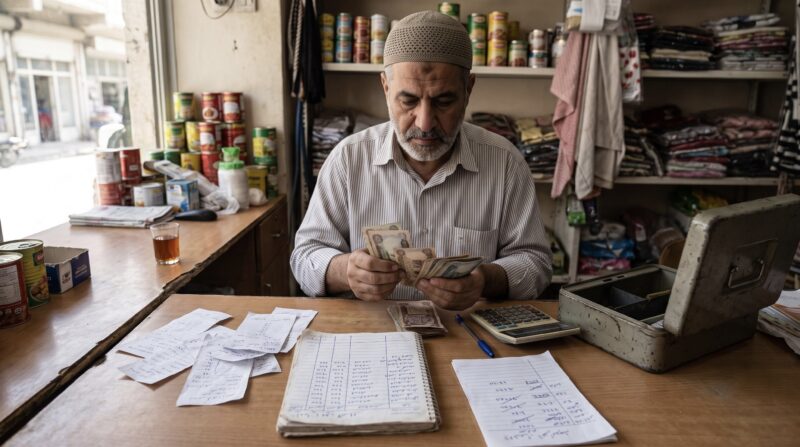Iraqi man counting currency at his desk