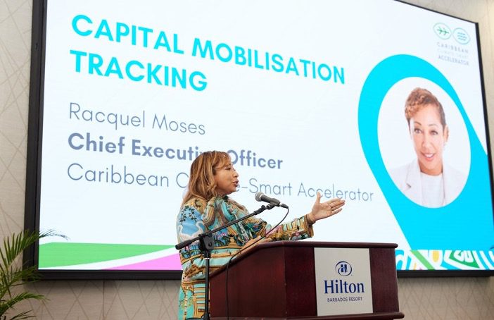 Racquel Moses, CEO of the Caribbean Climate-Smart Accelerator on stage at the 2026 Climate Smart Summit in Barbados.