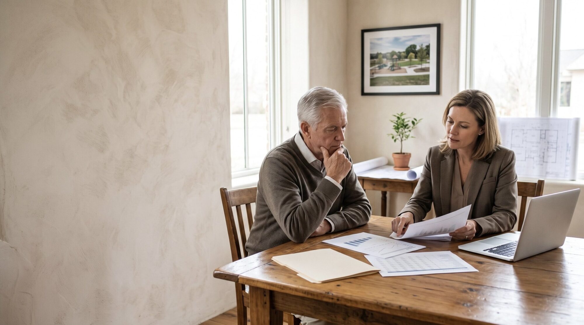 A financial advisor and an older investor review investment documents together at a wooden table.