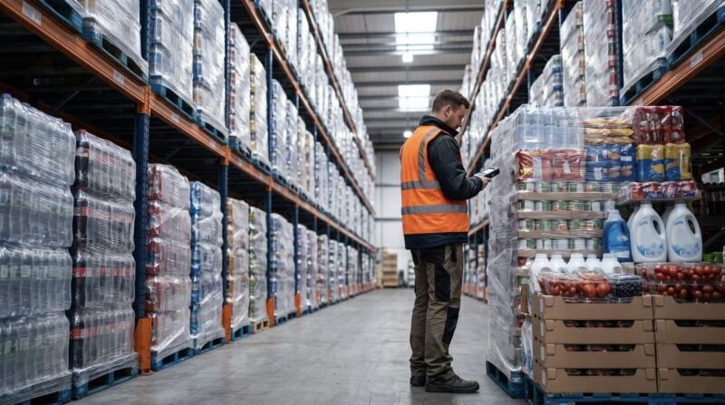 Rows of everyday consumer products packaged in disposable plastic in a modern supermarket or distribution setting, illustrating the scale and ubiquity of single-use packaging.