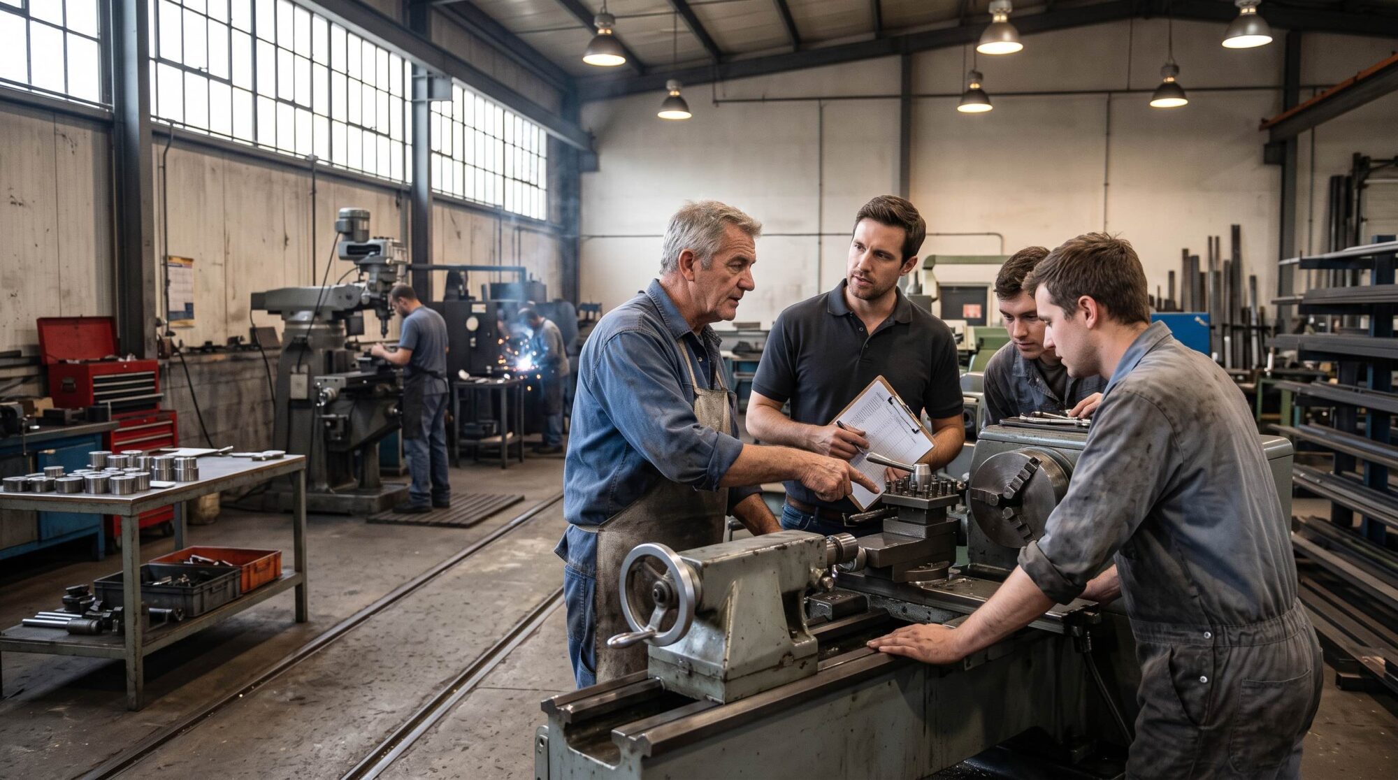 Older business owner discusses machinery with a younger manager and employees inside a working industrial shop.