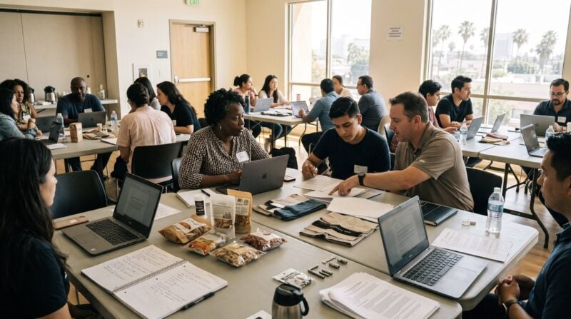 Diverse small-business owners and advisors work around tables with laptops, documents, and product samples during a supplier-readiness workshop in Los Angeles.