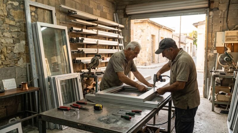 Two men assemble an aluminum window frame inside a small workshop filled with tools, glass panels, and metal framing materials.