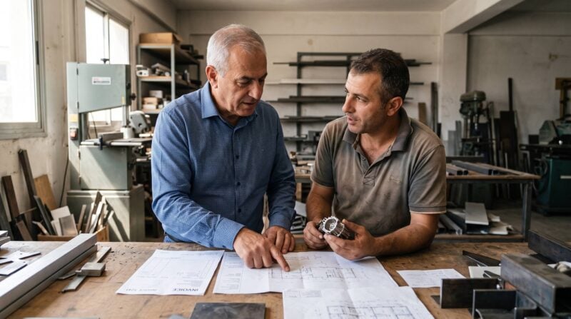 Two men discuss technical drawings at a worktable inside a metalworking workshop, with machinery and materials in the background.