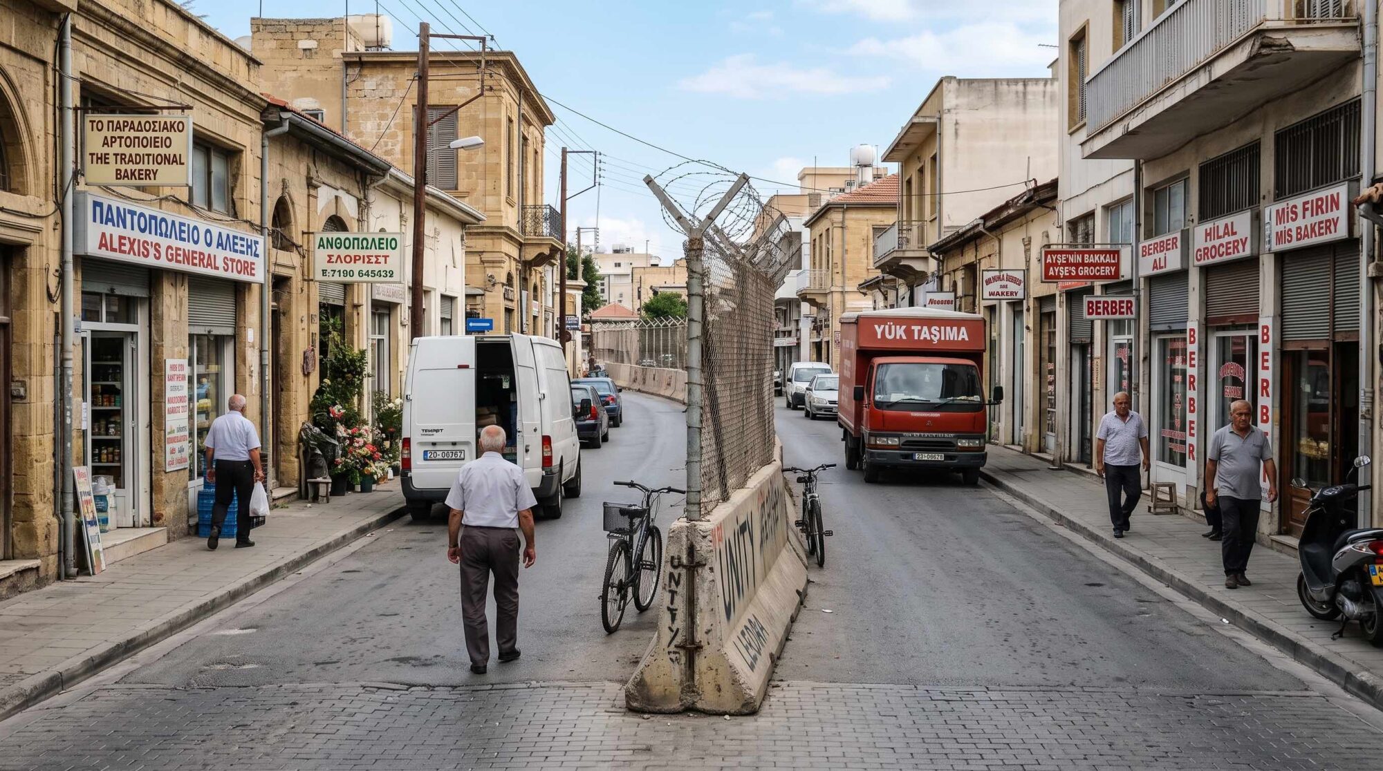 A divided urban street in Cyprus with shops, pedestrians, delivery vans, and a concrete barrier topped with wire separating the two sides.