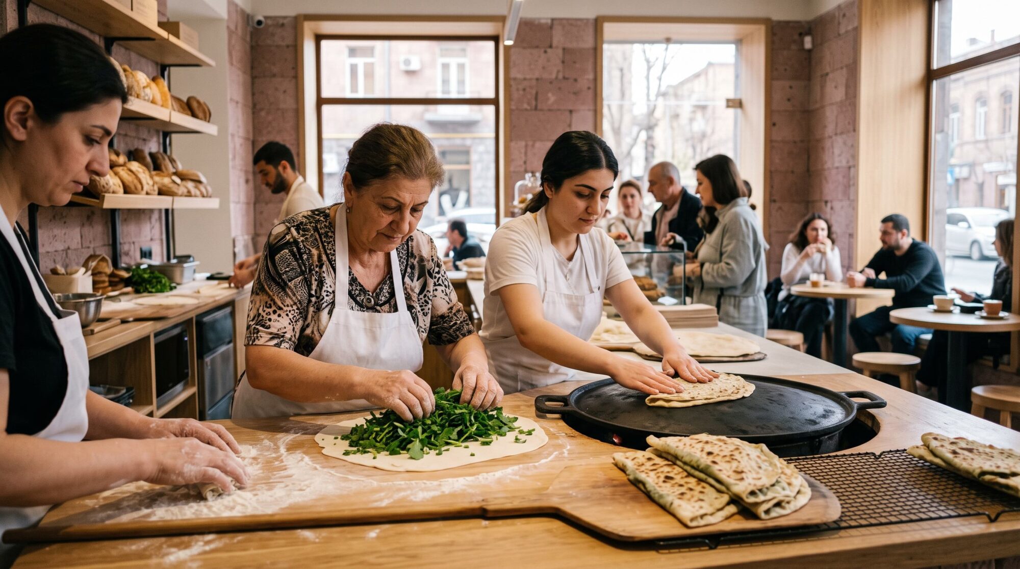 Three women prepare traditional flatbreads together in a bakery in Armenia.