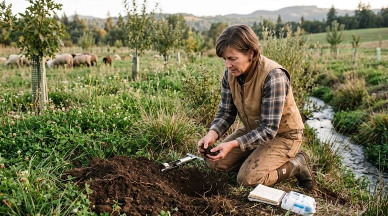 Land steward examines soil beside a stream in a regenerative agricultural landscape with grazing sheep and newly planted trees.