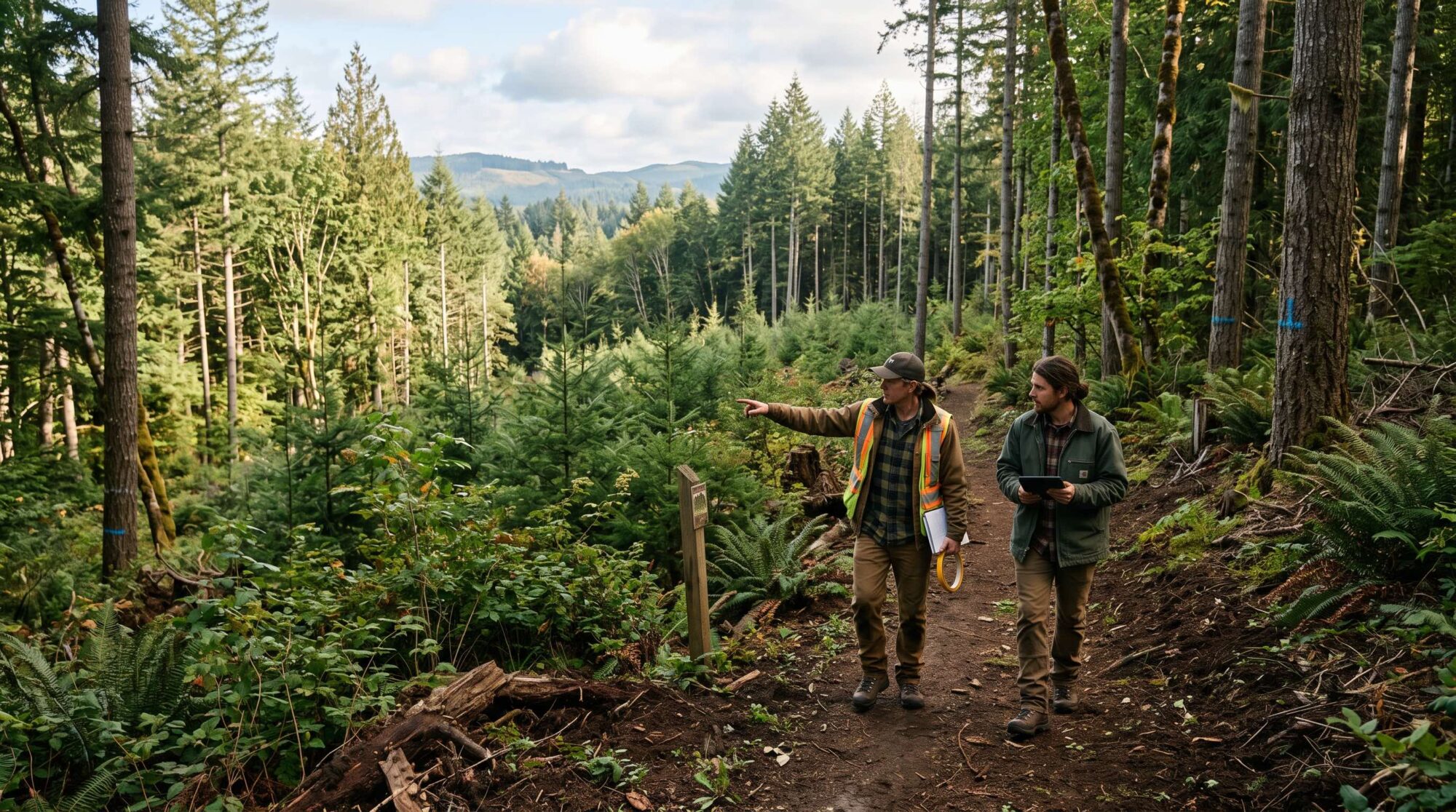 Two forestry professionals assess a managed forest with young trees and marked mature timber in the western United States.