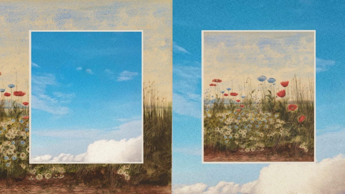 A two-panel collage of a painted wildflower meadow and a blue sky with clouds, each panel framing a window onto the other.