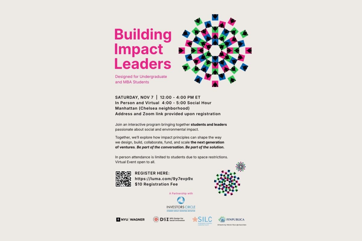 Poster for Building Impact Leaders, a program for undergraduate and MBA students on November 7, with a mandala of colored tiles bearing human silhouettes.