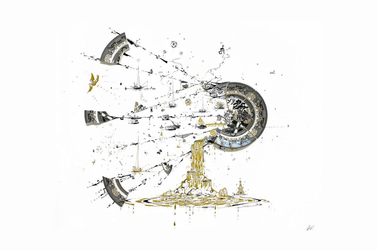 Black-and-gold plate fragments connect with fine ink drawings of ships, bridges, and a waterfall on white paper.