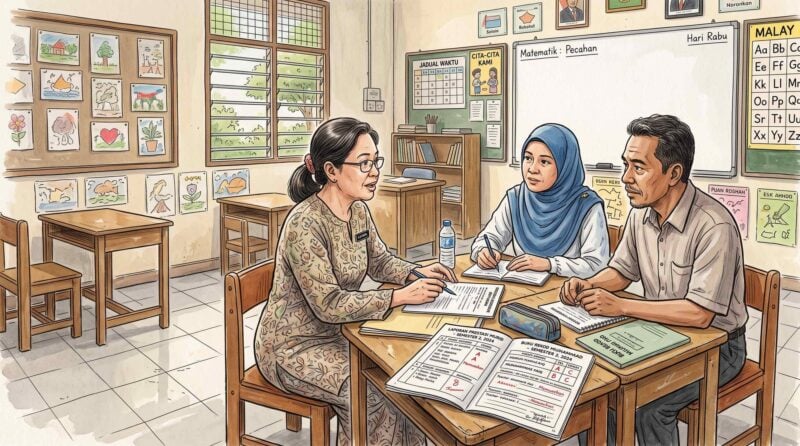 Illustration of a teacher in a patterned dress going over a student’s report card with a woman in a blue headscarf and a man at a classroom table, with Malay-language charts on the walls.