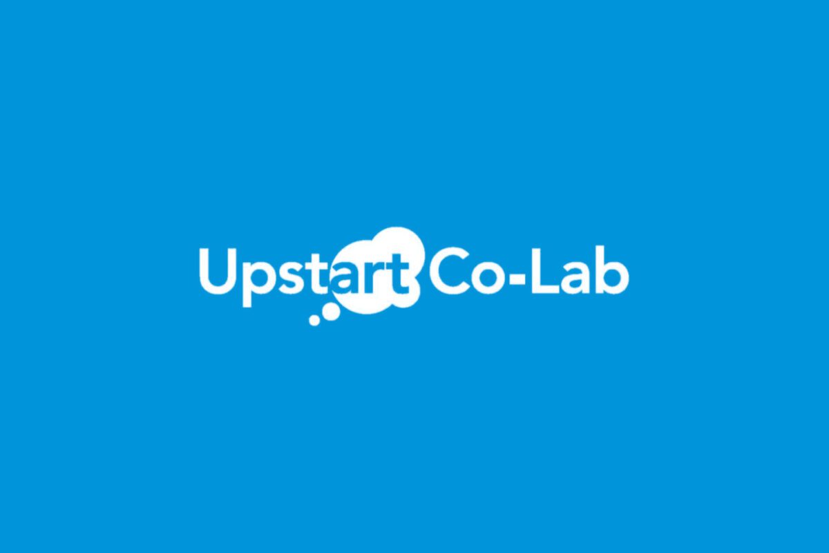 The Upstart Co-Lab logo in white on a blue background, with the letters “art” inside a thought bubble.